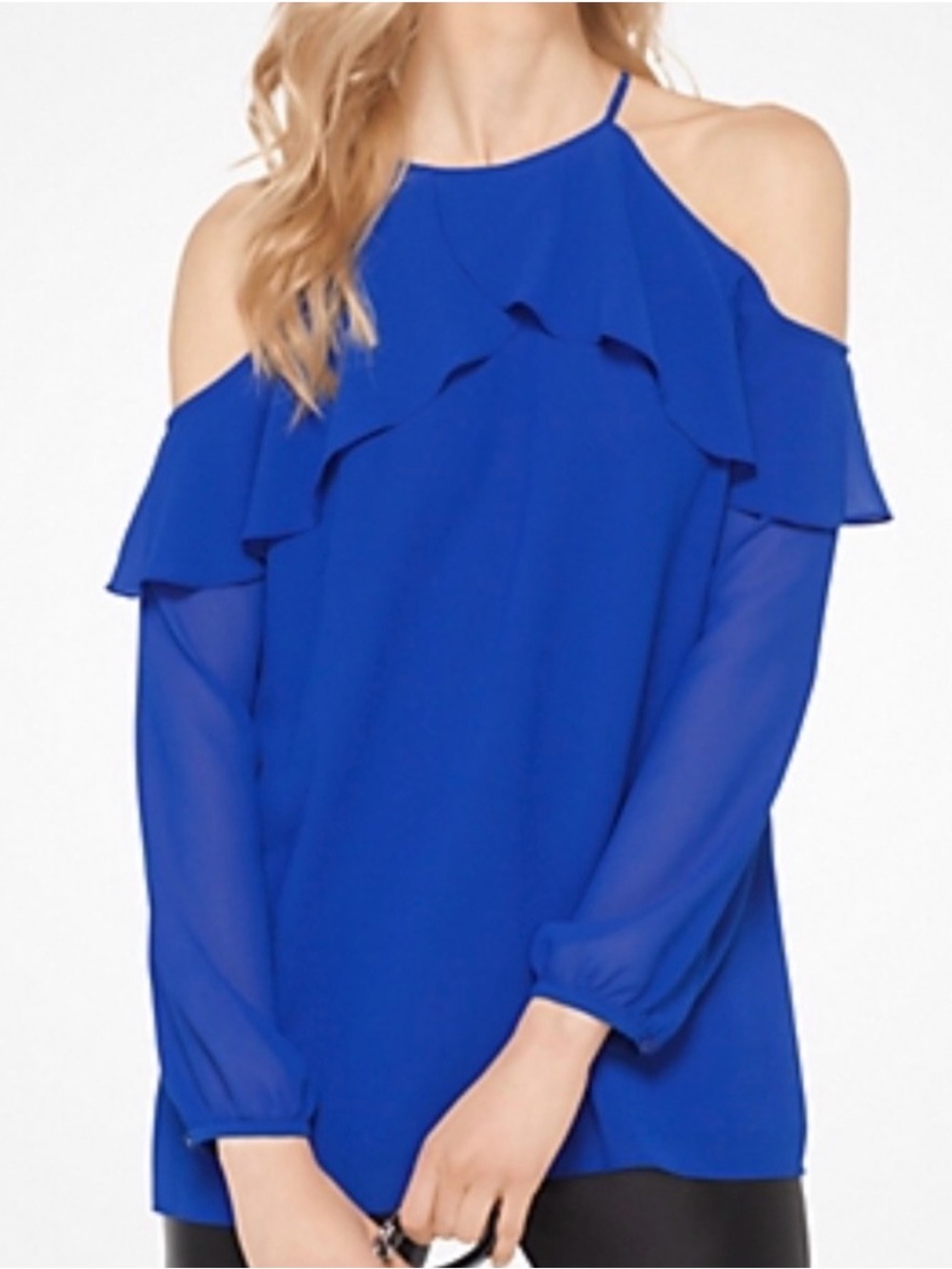 Blouse Michael Kors Cold Shoulder Blue Top Ruffle Collar Sheer Sleeves Cocktail